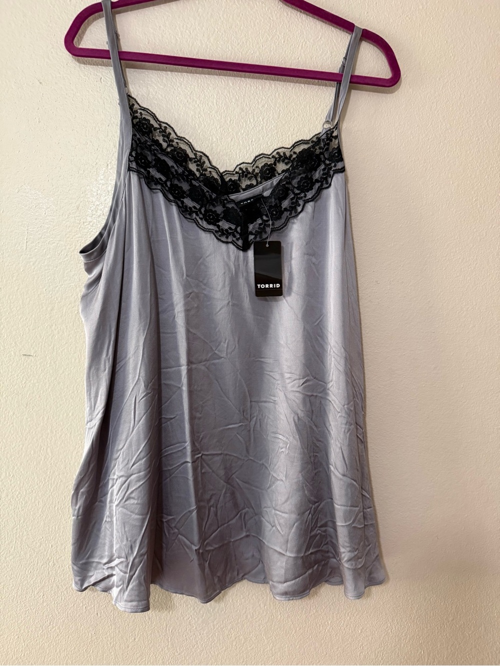 torrid Silver Satin Cami with Black Lace Trim